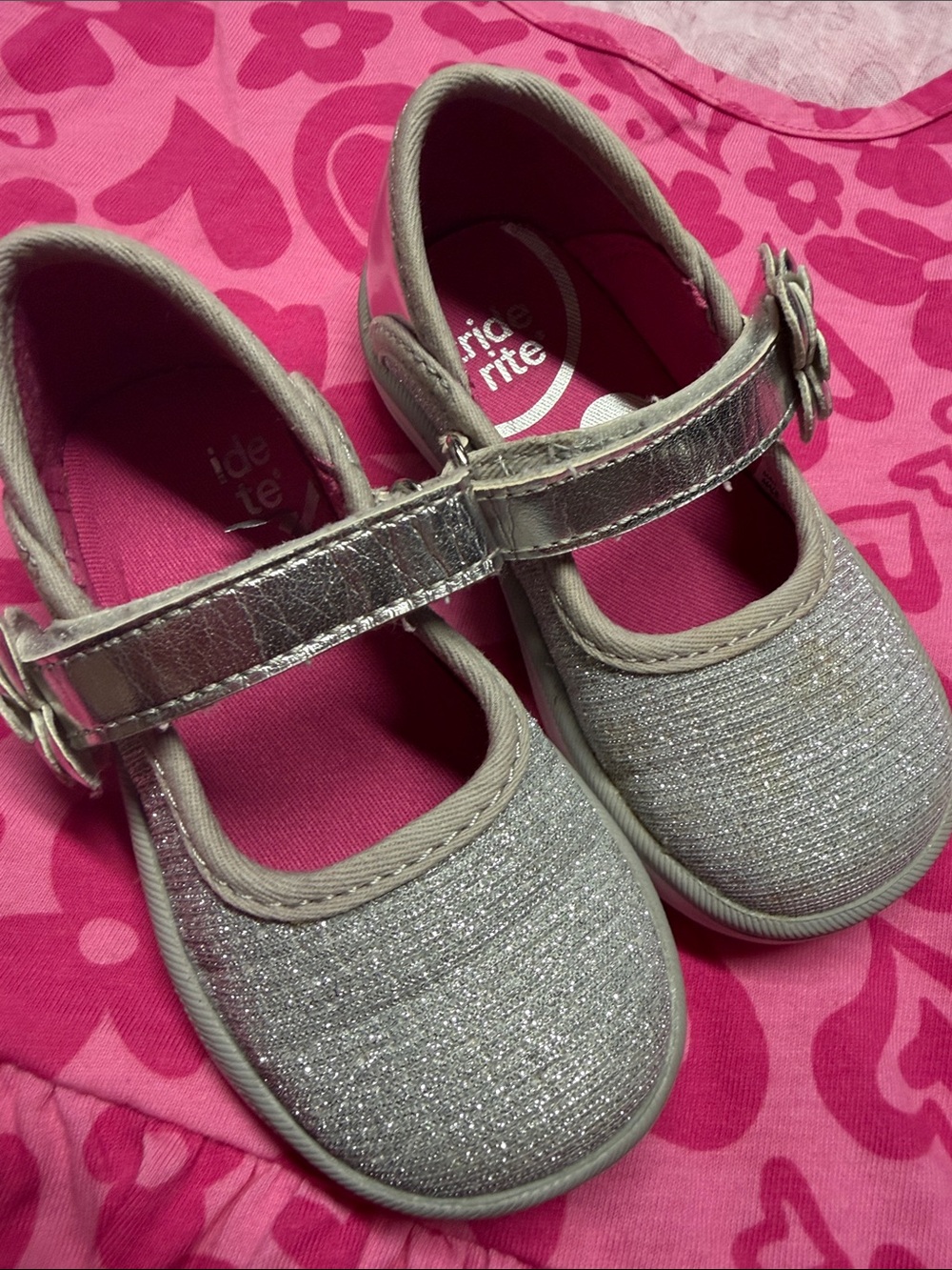 Stride Rite Silver Glitter Mary Jane with Flower Accent
